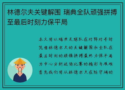 林德尔夫关键解围 瑞典全队顽强拼搏至最后时刻力保平局