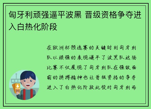 匈牙利顽强逼平波黑 晋级资格争夺进入白热化阶段